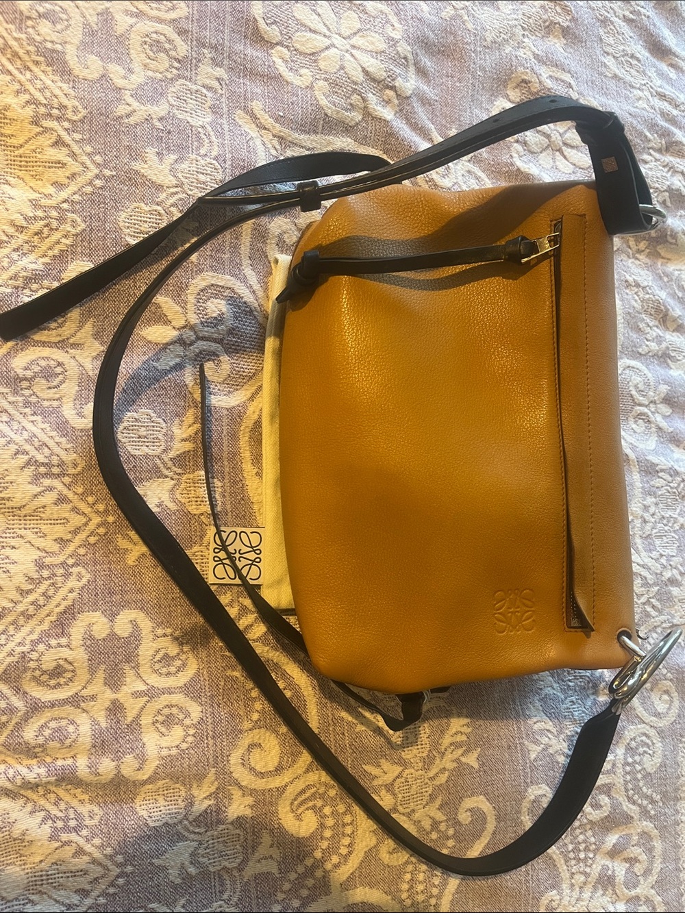 Loewe Warm Caramel Leather Crossbody with suede back with black Strap